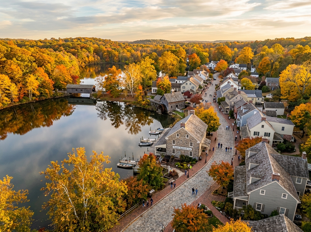 Aerial view of Historic Smithville village beside Lake Meone in autumn, Galloway NJ