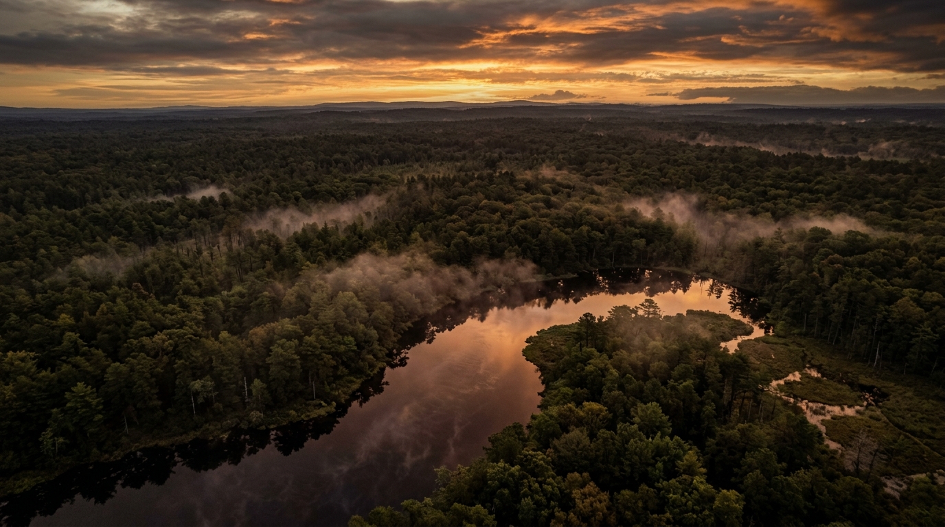Aerial view of a cedar lake at golden hour in the New Jersey Pine Barrens, Galloway